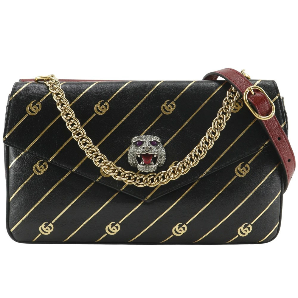 Gucci GG Cat Double Face Chain Calfskin Magnetic Closure Crossbody Bag Red Black